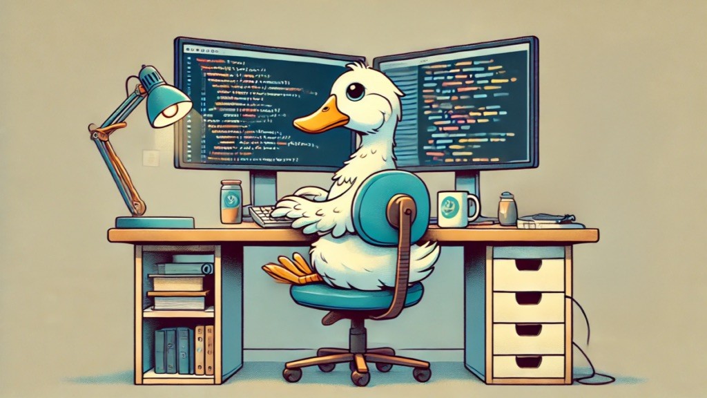Cartoon duck developer at a workspace with dual monitors showing code, representing Ducky's AI-powered semantic search and RAG infrastructure for developers.